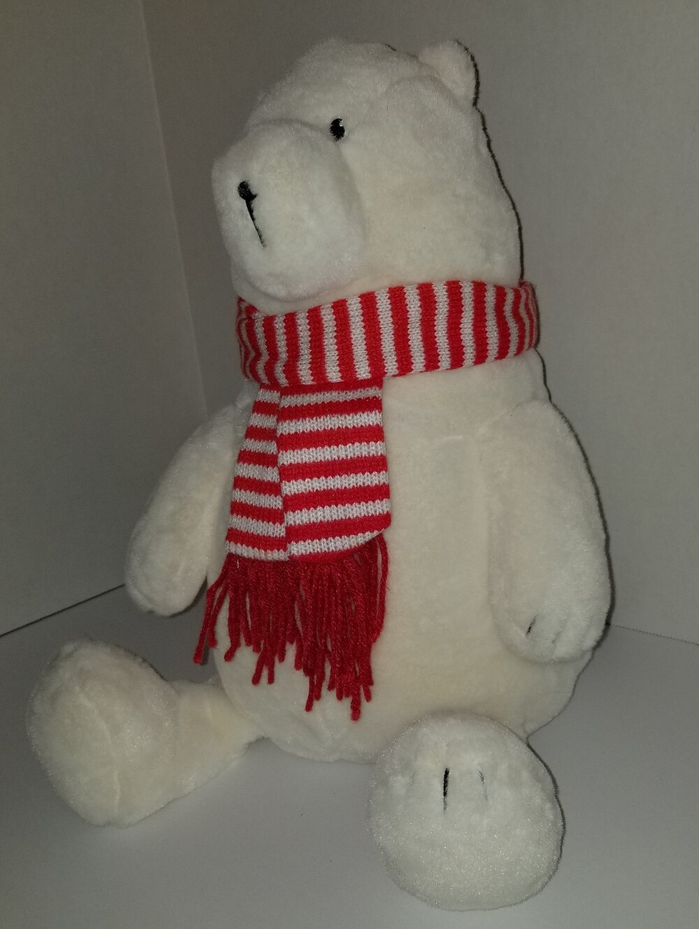 Plush White Polar Teddy Bear Red Striped Scarf Stuffed Animal Cola Stuffie